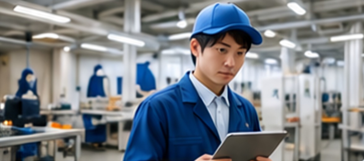 製造現場でタブレットを確認するスタッフ