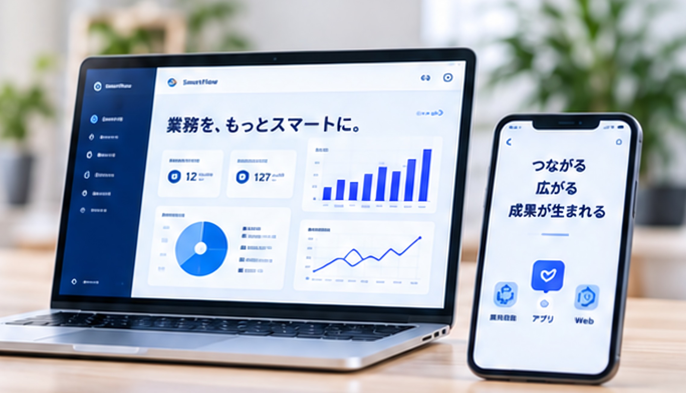 業務管理ダッシュボードを表示したノートPCとスマートフォン
